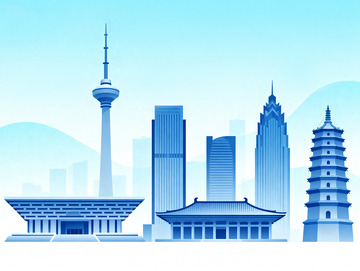 蓝色河北石家庄地标建筑扁平插画风