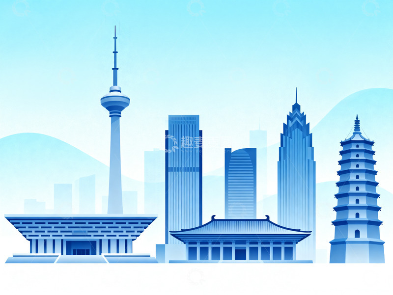 高清大图下载【趣麦麦图】蓝色河北石家庄地标建筑扁平插画风