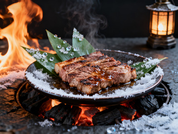 一盘精致的炭火烤肉美食摄影高清特写