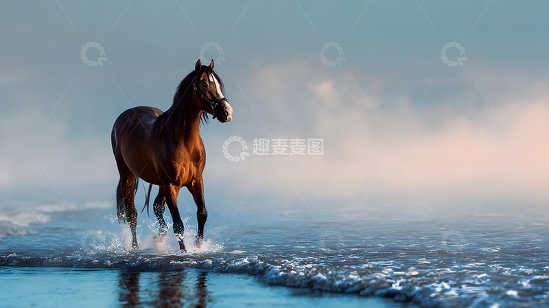 高清大图下载【趣麦麦图】骏马奔腾海水背景图片
