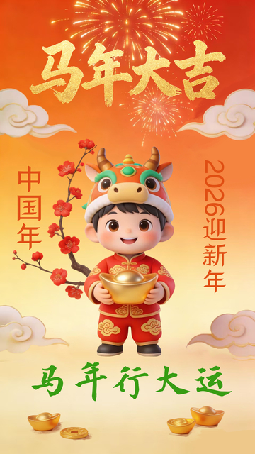 马年大吉萌娃3D手绘新春春节海报