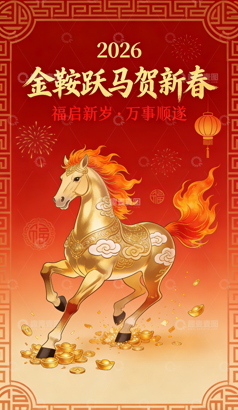 高清大图下载【趣麦麦图】马年金鞍跃马贺新春海报设计