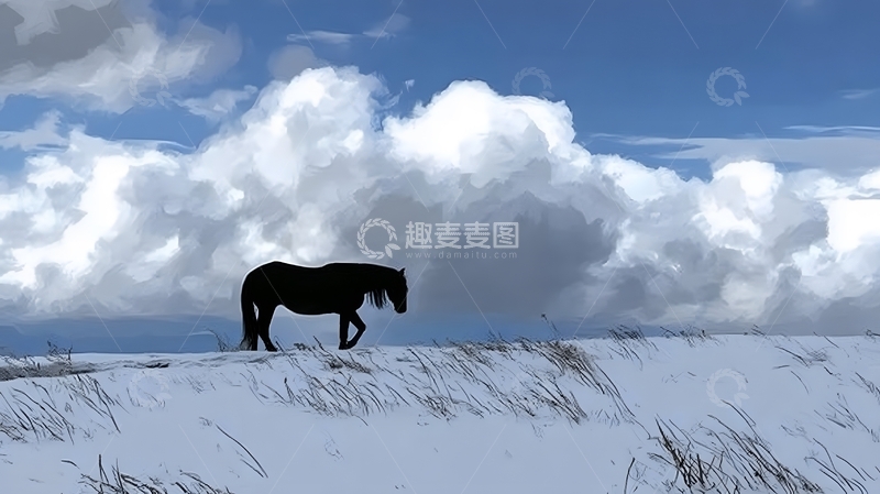 高清大图下载【趣麦麦图】雪原黑马剪影风光摄影图片