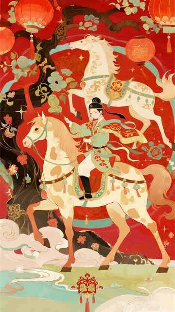 传统中国节日骑马人物插画