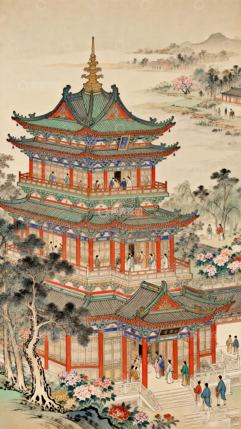 高清大图下载【趣麦麦图】传统中国园林古风楼阁绘画