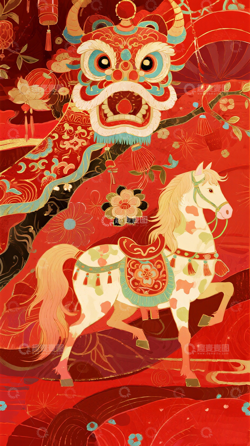 高清大图下载【趣麦麦图】中国风情新春骏马舞狮图