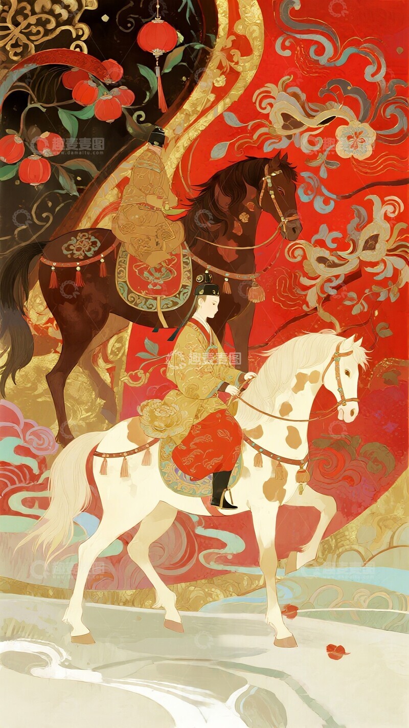 高清大图下载【趣麦麦图】古风骏马仕女插画