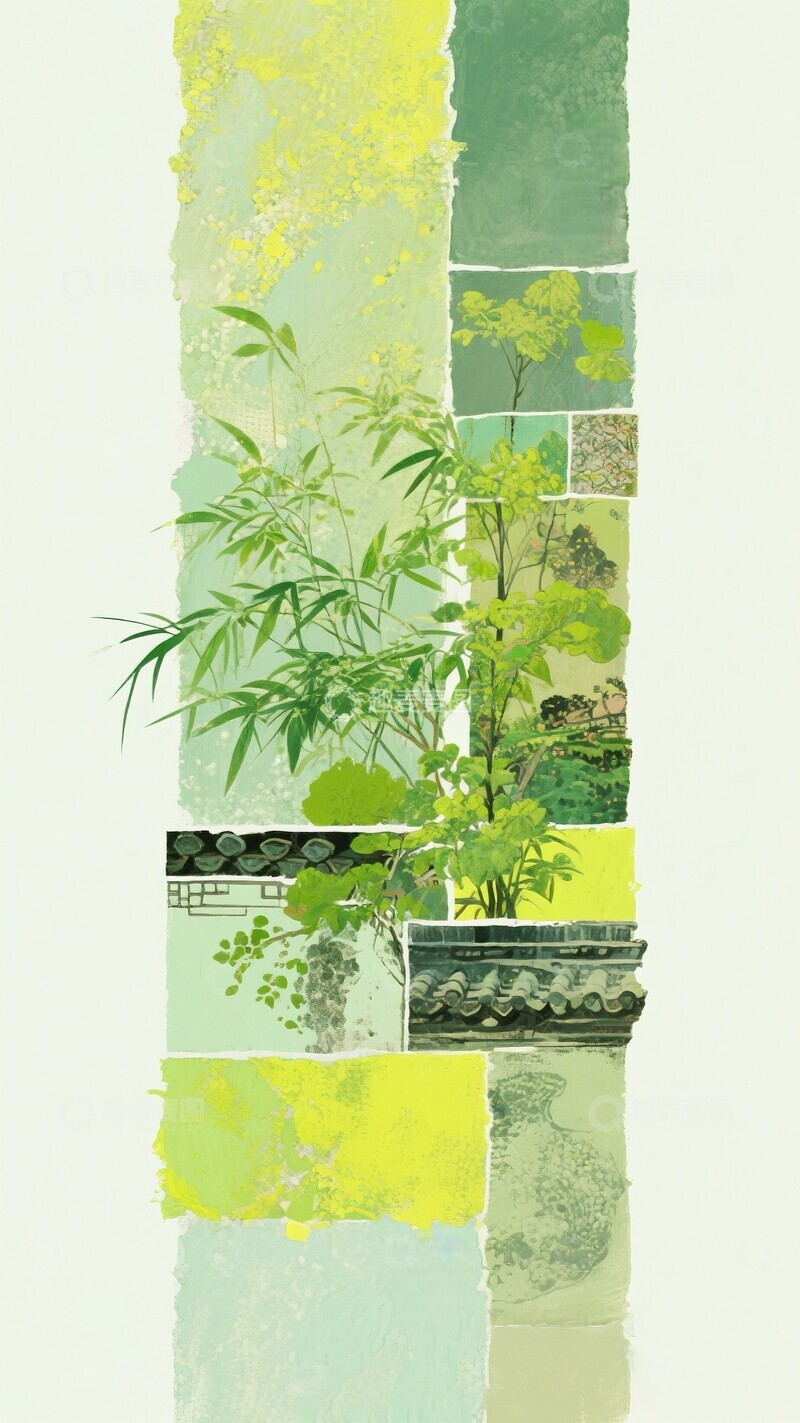 高清大图下载【趣麦麦图】绿色植物与传统建筑插画设计