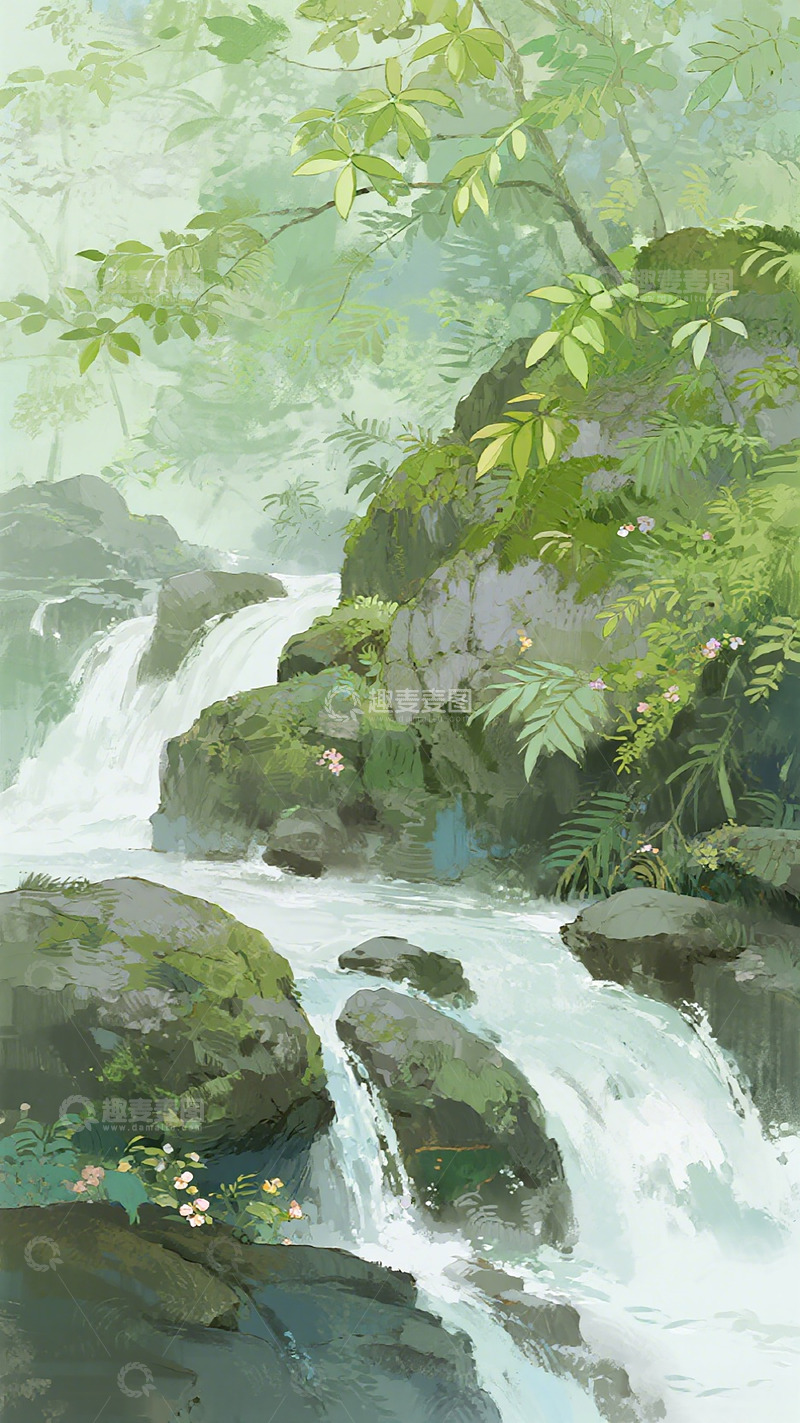 高清大图下载【趣麦麦图】森林溪流绘画作品
