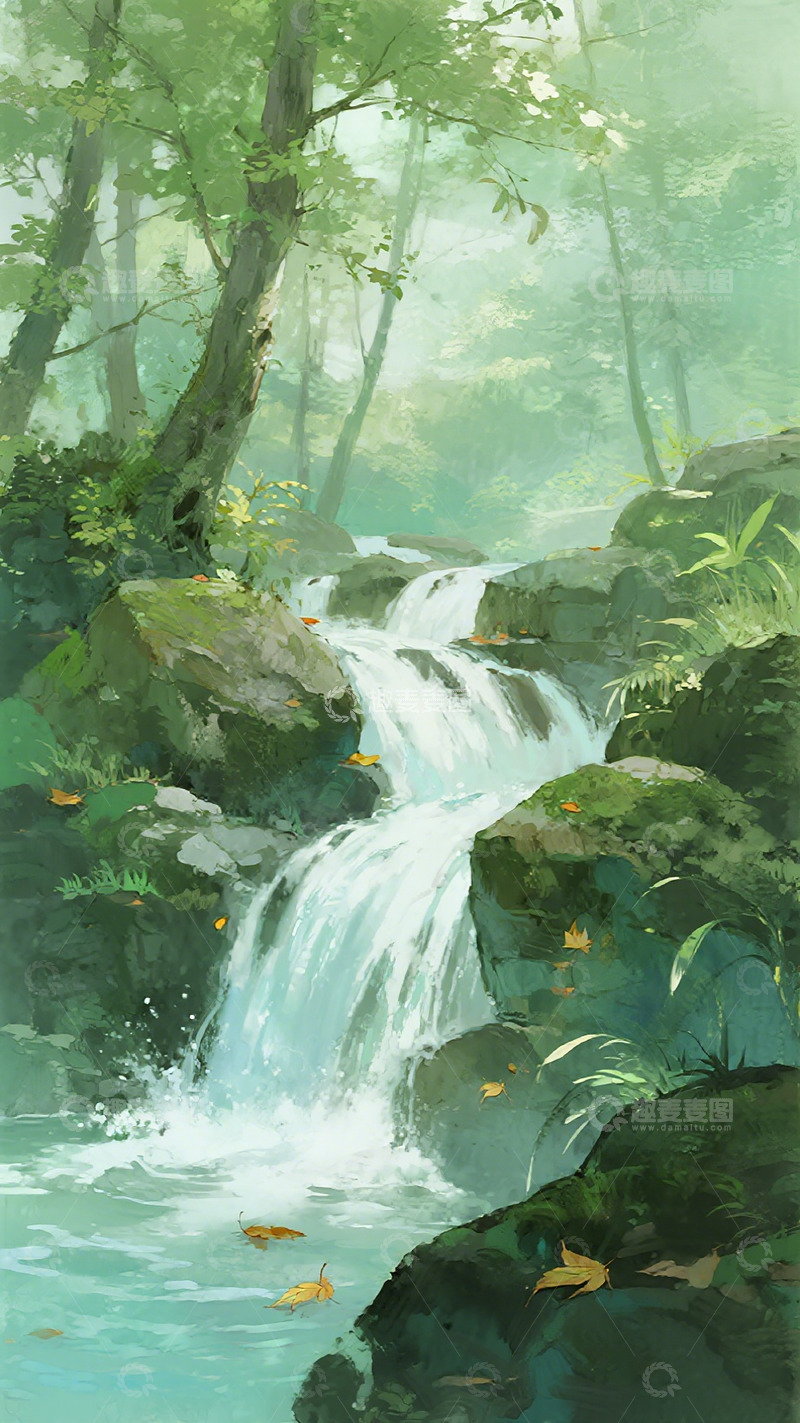 高清大图下载【趣麦麦图】森林小瀑布风景画