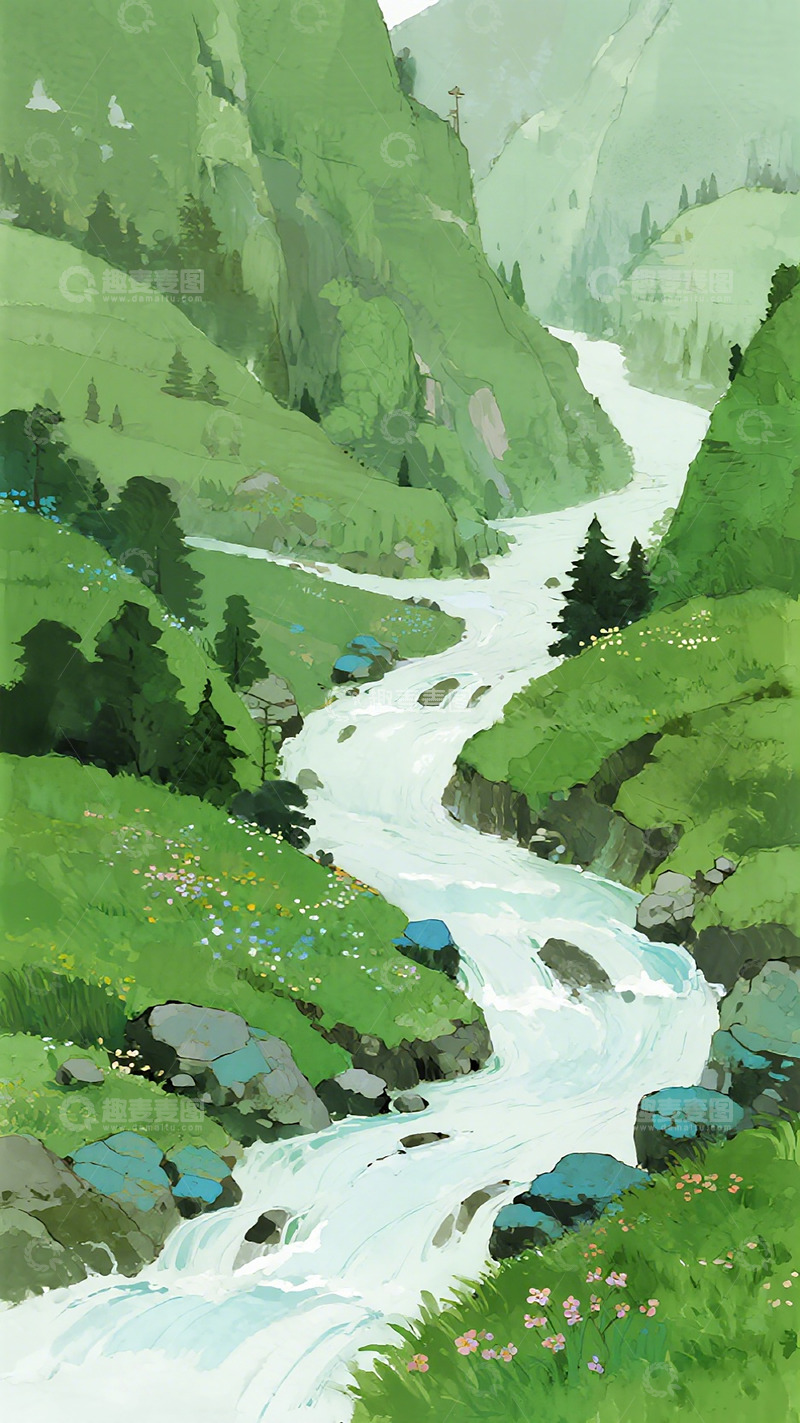 高清大图下载【趣麦麦图】青山绿水山水风景插画