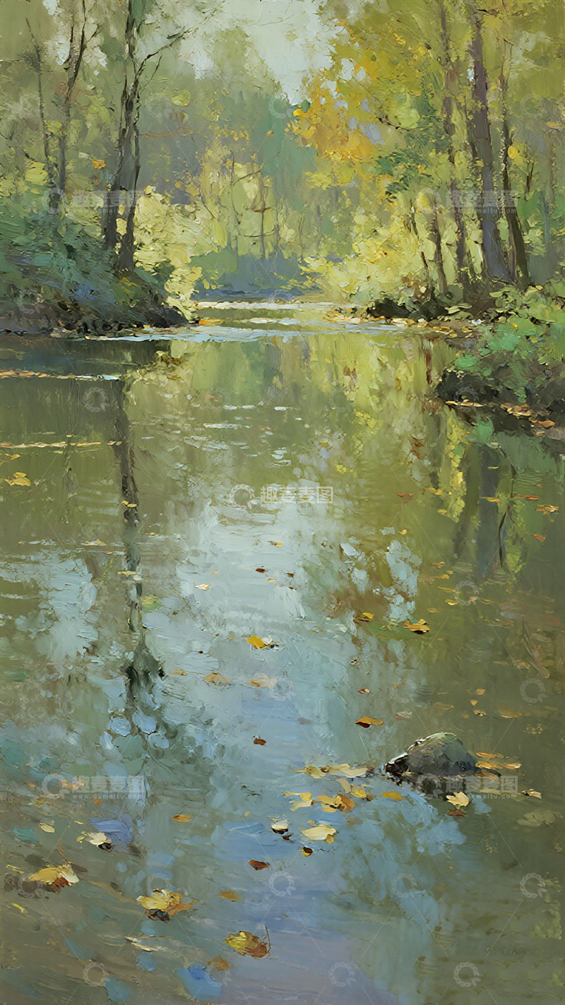 高清大图下载【趣麦麦图】秋日溪景油画