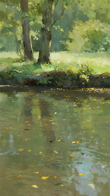 水彩森林湖泊风景画