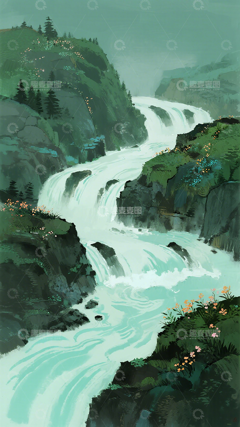 高清大图下载【趣麦麦图】山水风景水彩画素材