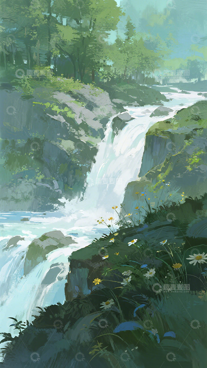 高清大图下载【趣麦麦图】森林瀑布风景画艺术插画