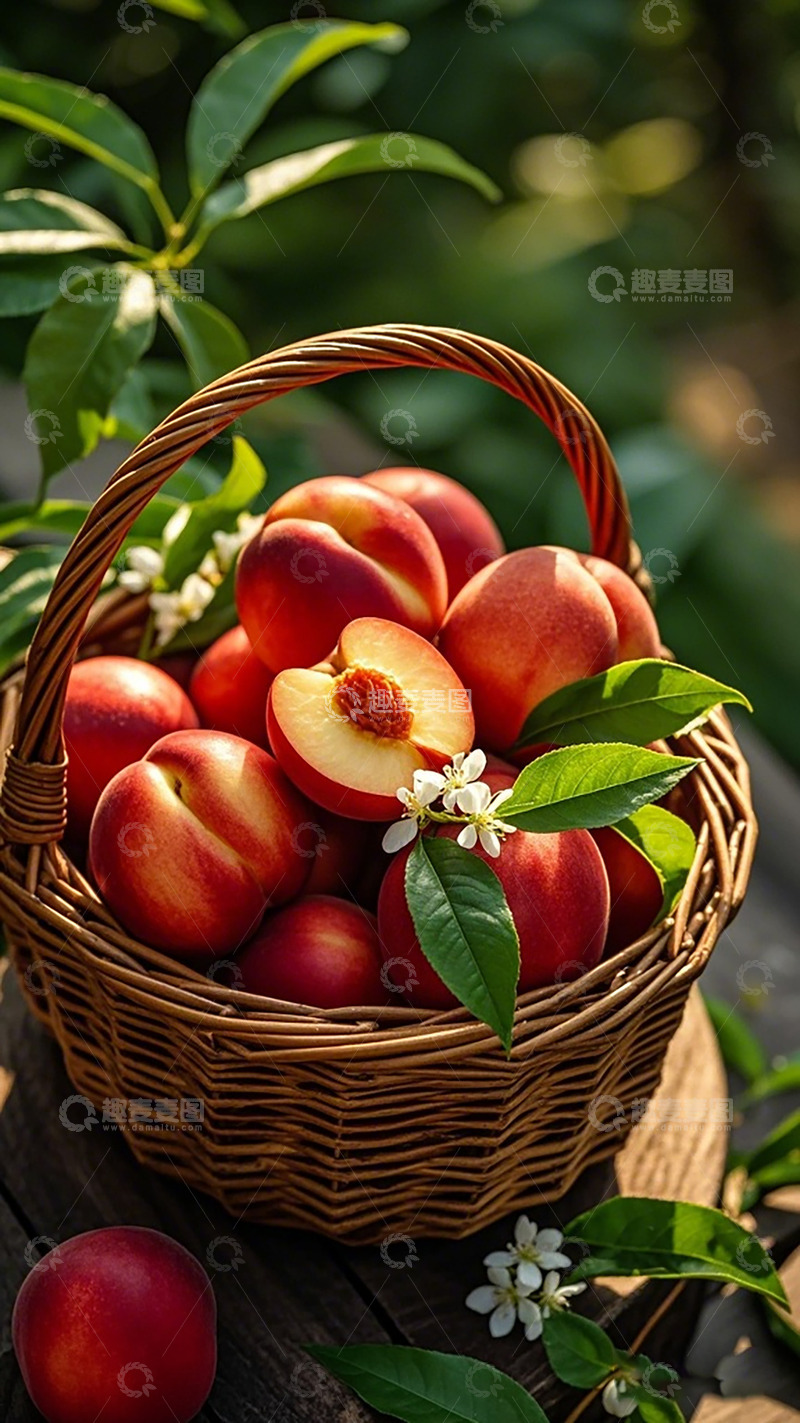 高清大图下载【趣麦麦图】篮子桃子绿叶自然风光摄影