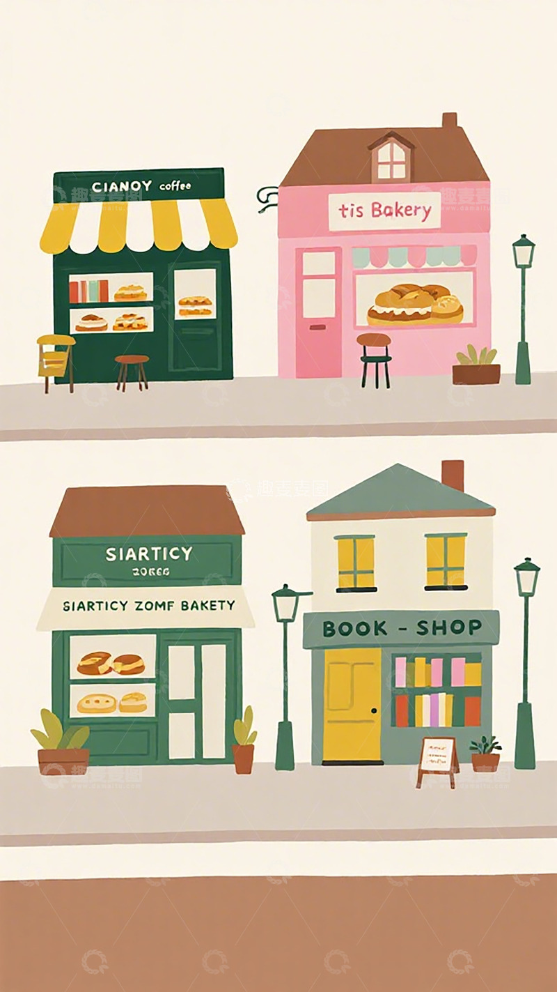 高清大图下载【趣麦麦图】卡通风格小店合集插画设计素材