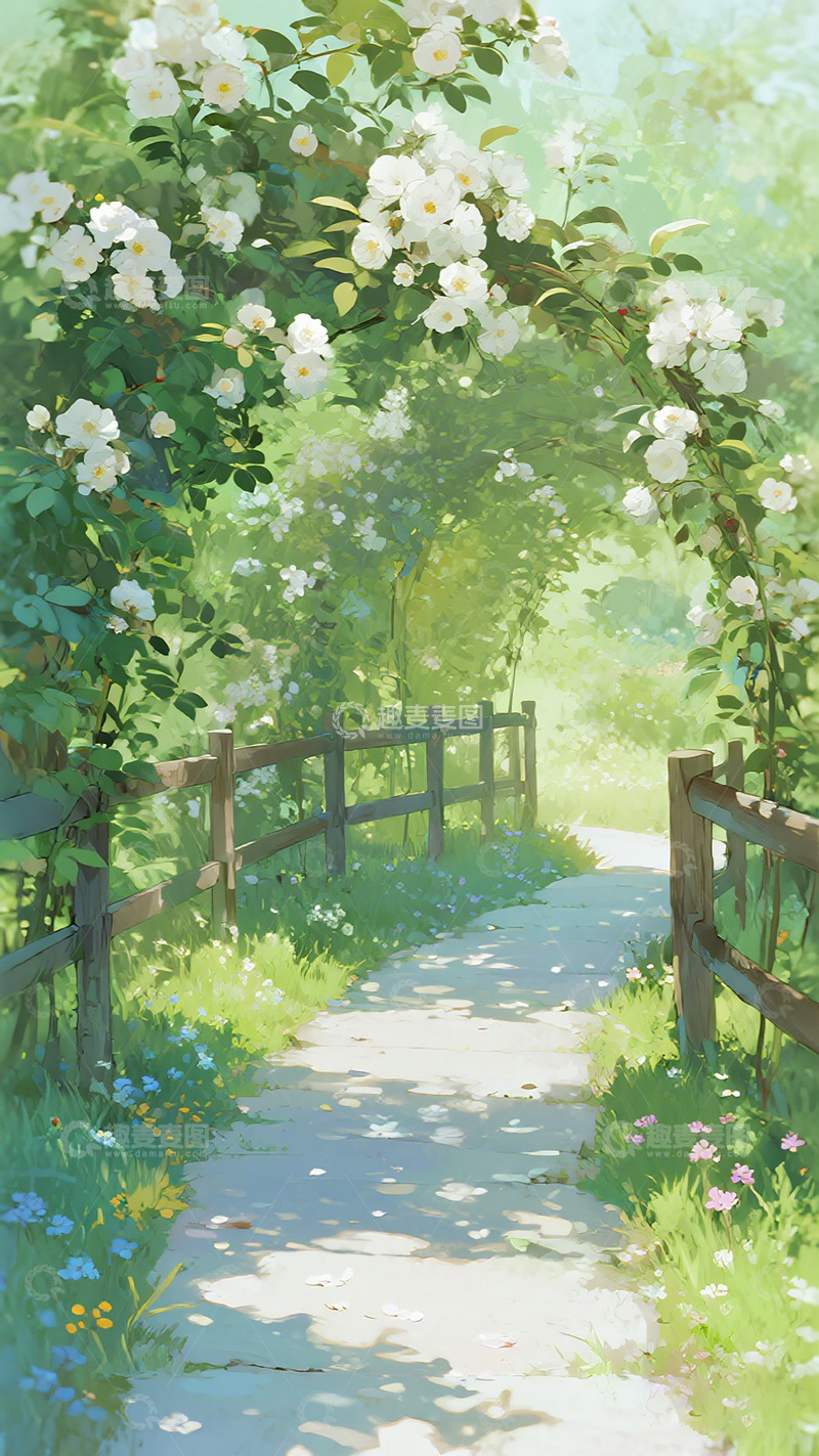 高清大图下载【趣麦麦图】田园风小径花廊插画素材