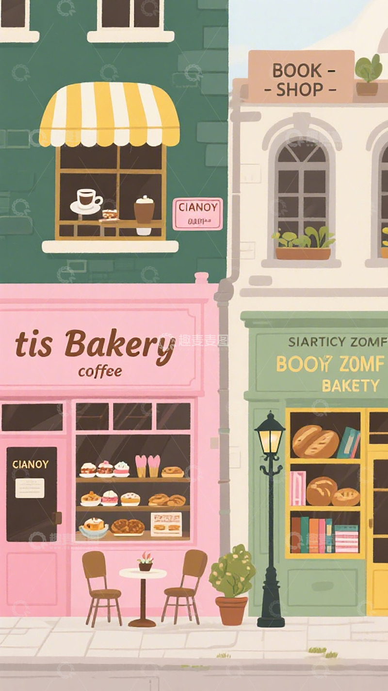 高清大图下载【趣麦麦图】卡通街景面包店书店插画