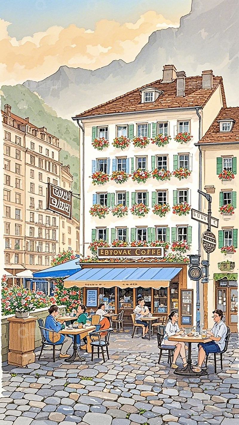 高清大图下载【趣麦麦图】欧洲小镇咖啡街景插画