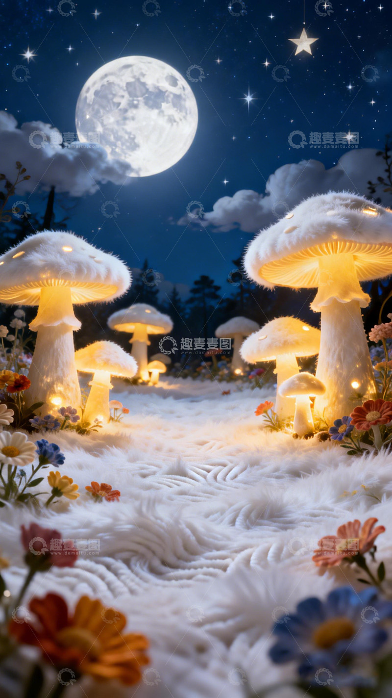 高清大图下载【趣麦麦图】梦幻月光蘑菇花园夜景