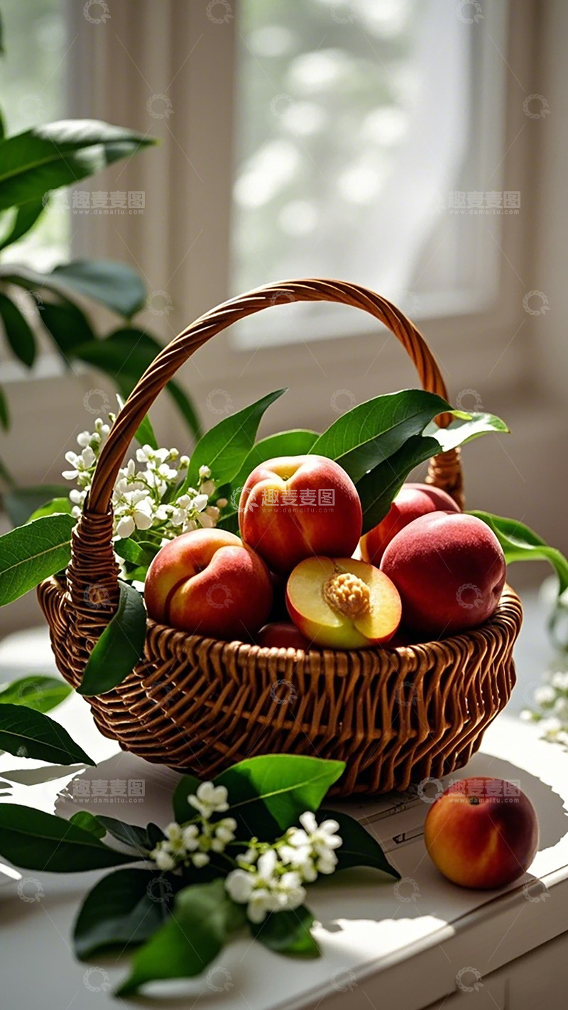 高清大图下载【趣麦麦图】田园风桃子篮静物摄影
