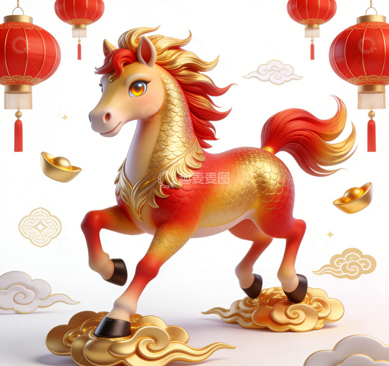 高清大图下载【趣麦麦图】金色骏马喜庆插画