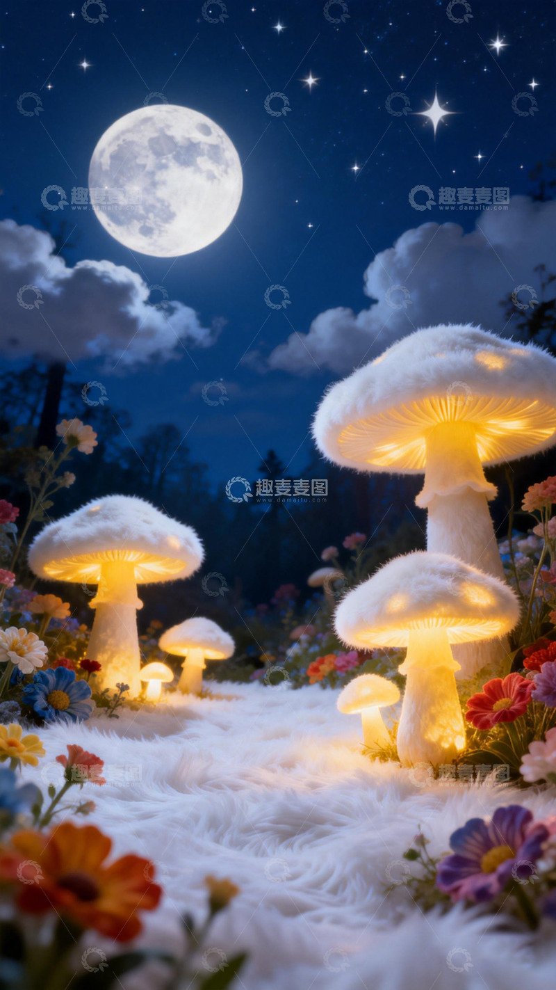高清大图下载【趣麦麦图】梦幻发光蘑菇夜花园