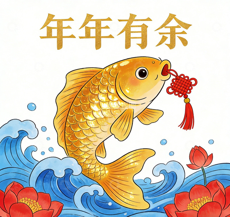 高清大图下载【趣麦麦图】金色鲤鱼新年祝福插画