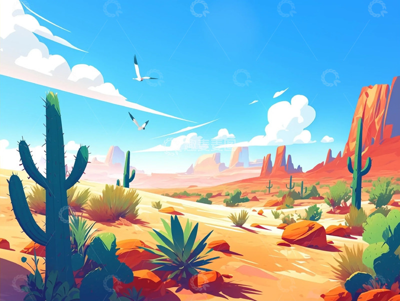 高清大图下载【趣麦麦图】沙漠植被卡通插画