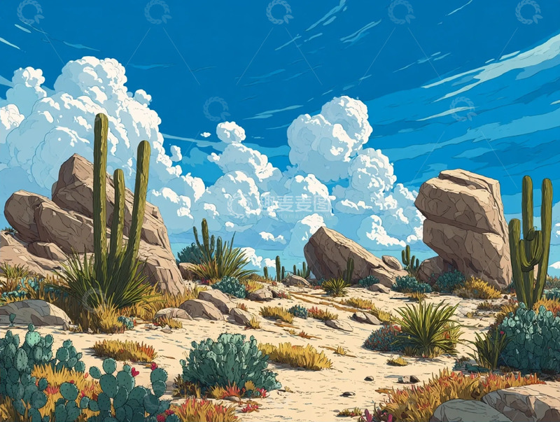 高清大图下载【趣麦麦图】蓝天沙漠仙人掌场景