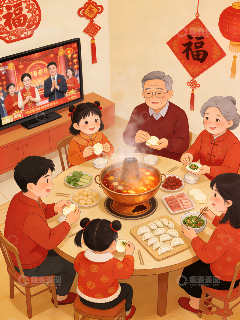 高清大图下载【趣麦麦图】卡通春节团圆火锅聚餐插画