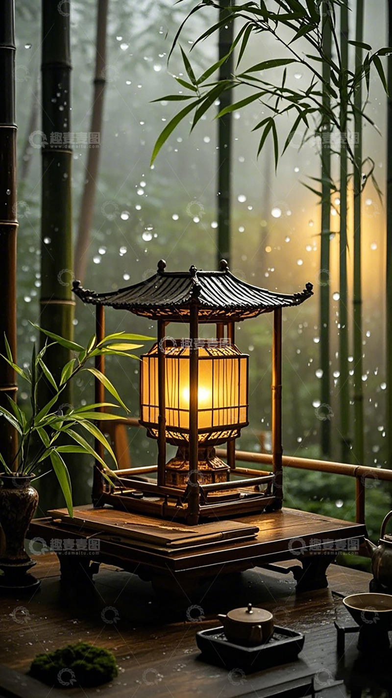 高清大图下载【趣麦麦图】古风竹林雨夜茶具风景