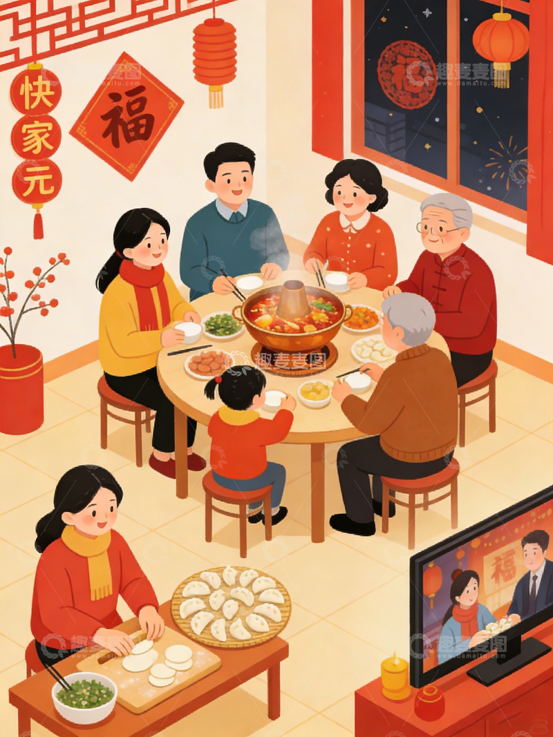 高清大图下载【趣麦麦图】春节家庭团圆火锅聚餐插画