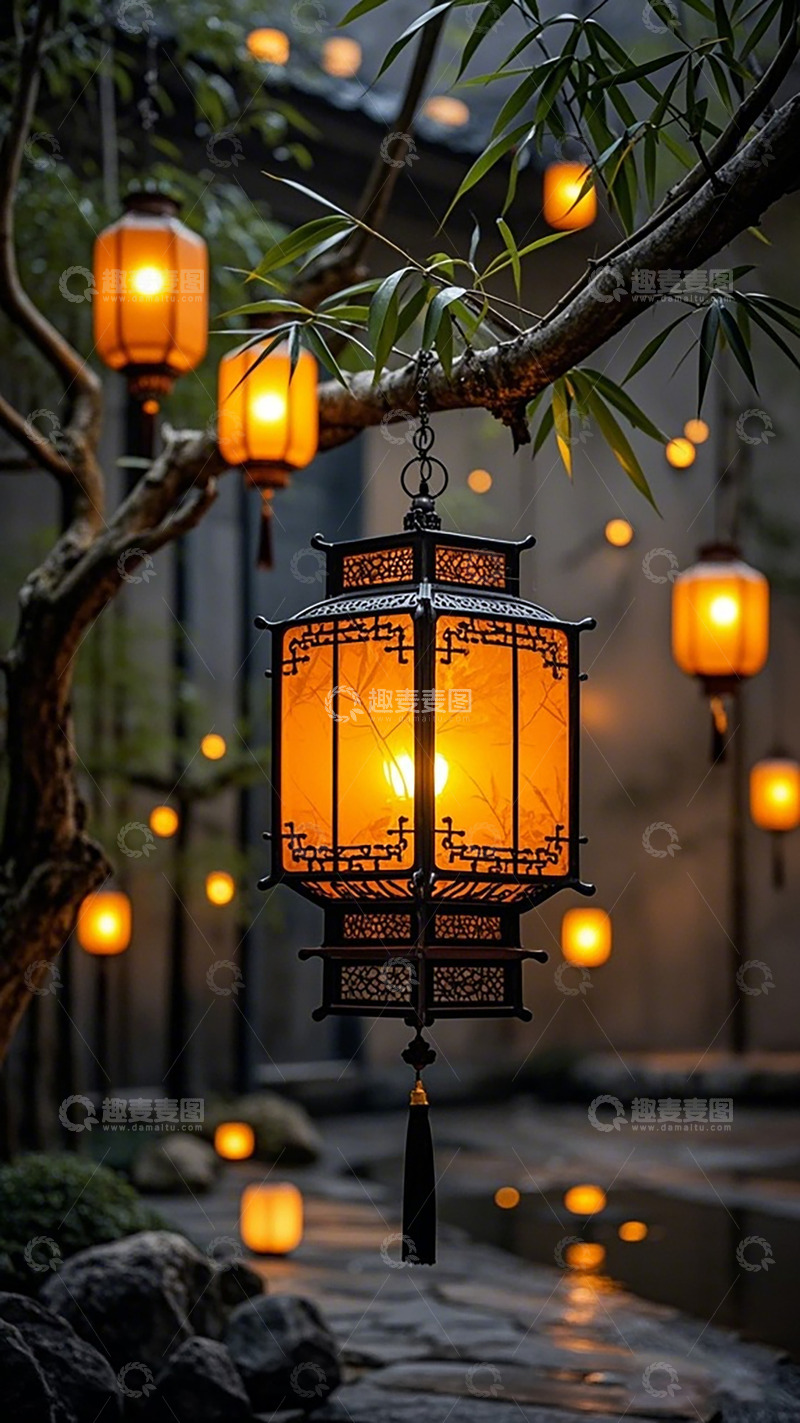 高清大图下载【趣麦麦图】古风庭院灯笼夜景