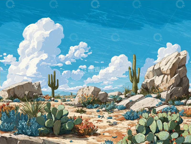 高清大图下载【趣麦麦图】蓝天荒漠里的仙人掌