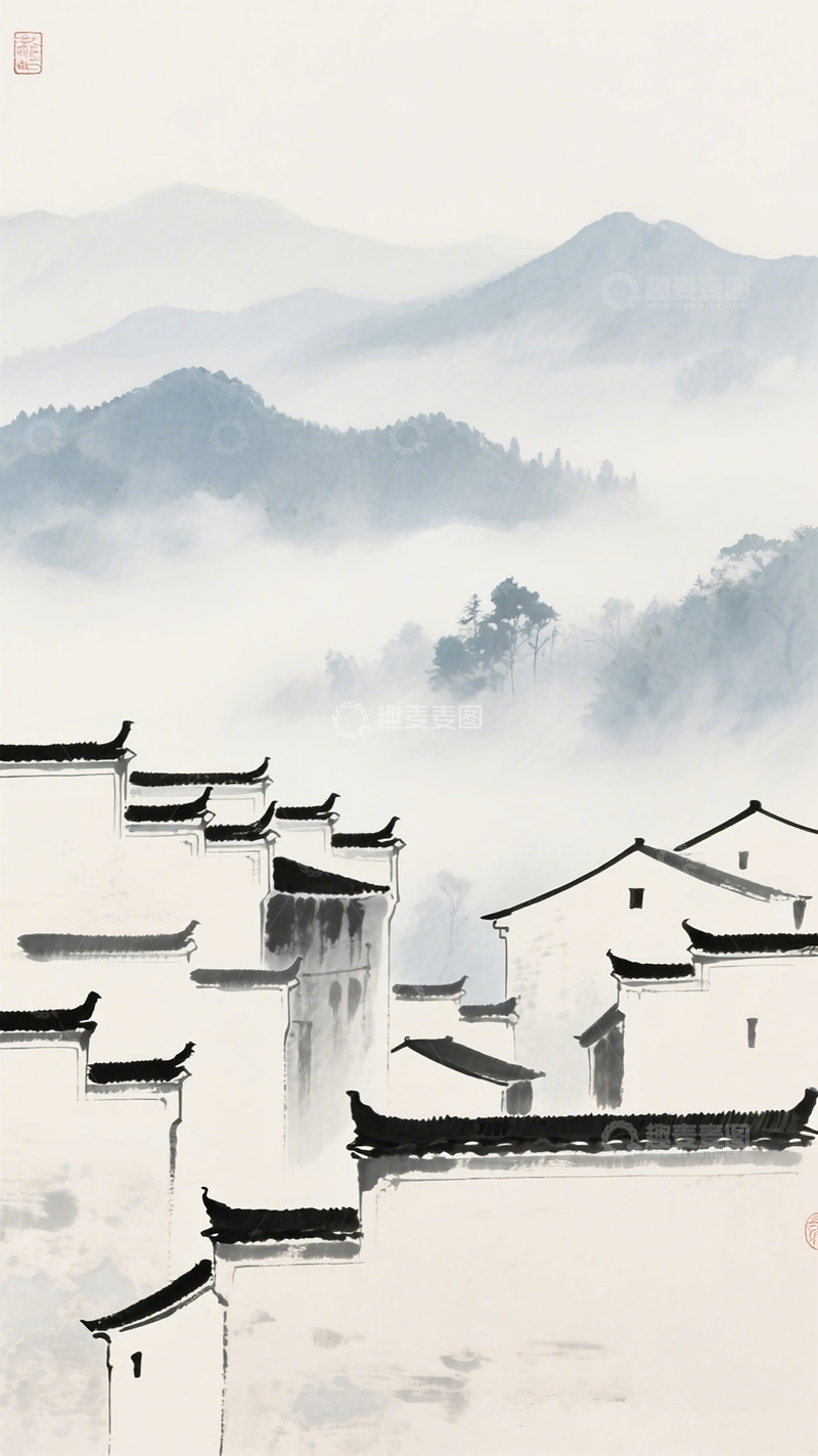 高清大图下载【趣麦麦图】水墨江南山水村落国画