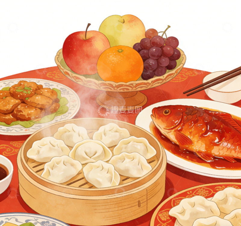 高清大图下载【趣麦麦图】中式美食插画风格团圆饭