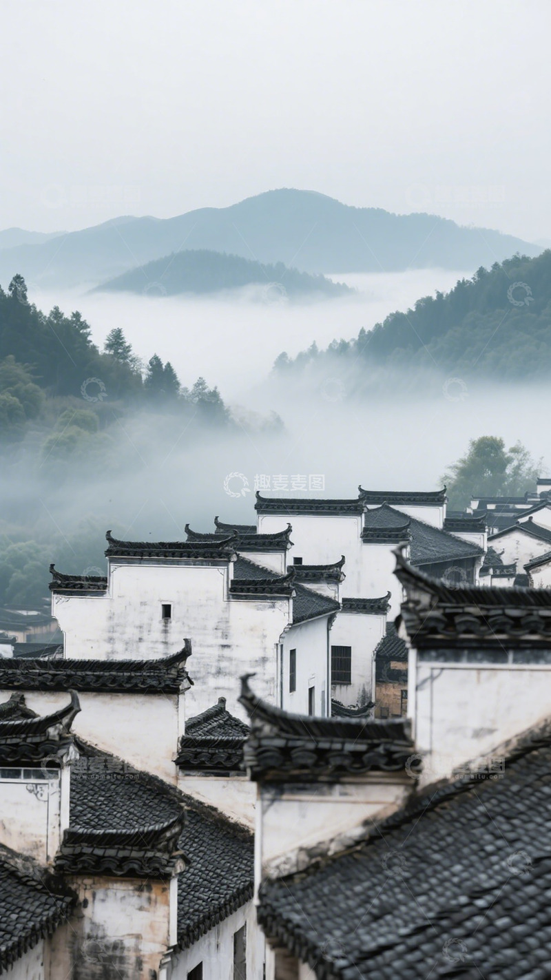 高清大图下载【趣麦麦图】古朴村庄云雾缭绕山水风景