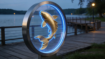 湖边霓虹鱼装饰夜景