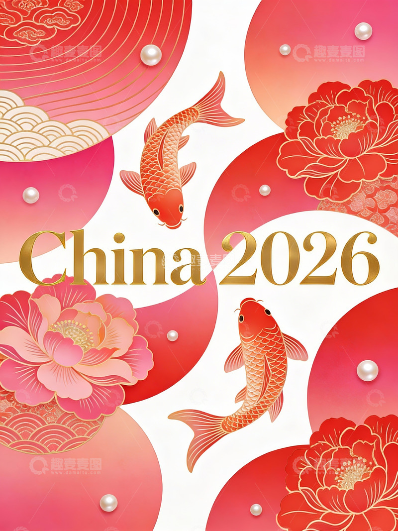 高清大图下载【趣麦麦图】金锦鲤牡丹中国2026年祝福设计图