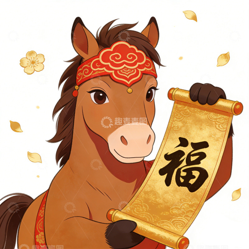 高清大图下载【趣麦麦图】卡通马持福字卷轴喜庆插画