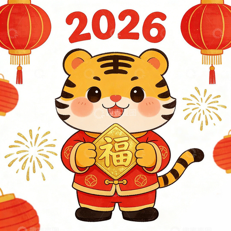 高清大图下载【趣麦麦图】2026年虎年新年卡通插画