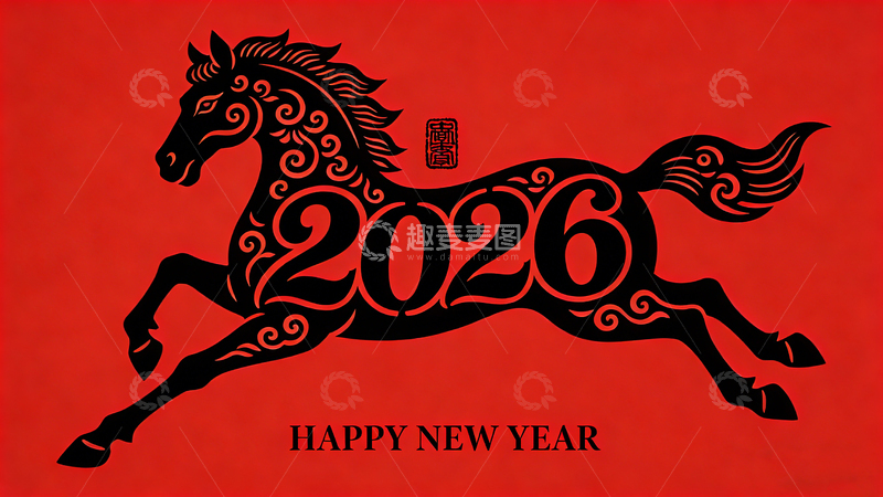 高清大图下载【趣麦麦图】马年剪纸2026新年贺卡插画素材