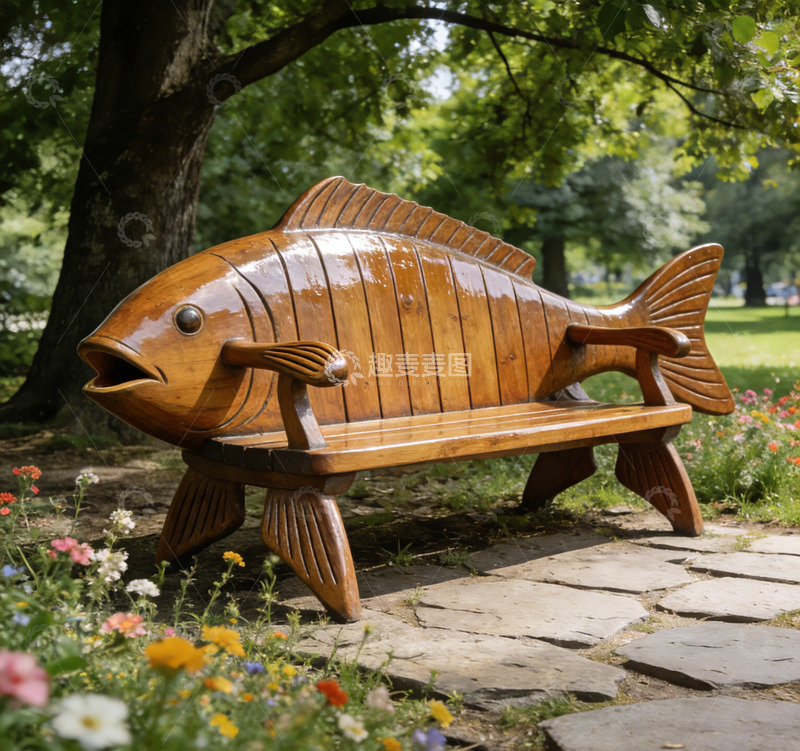 高清大图下载【趣麦麦图】木质鱼形公园长椅