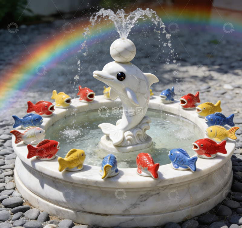 高清大图下载【趣麦麦图】彩虹海豚鱼群喷泉装饰
