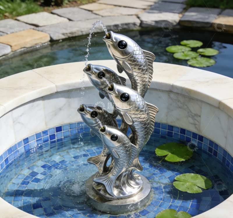 高清大图下载【趣麦麦图】金属鱼喷泉园艺装饰品