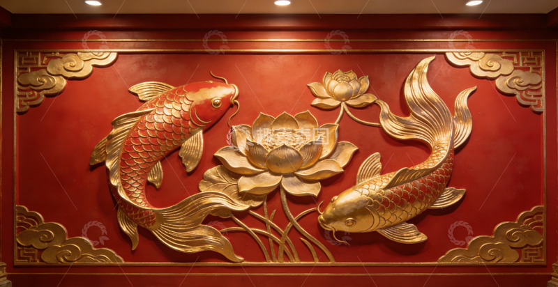 高清大图下载【趣麦麦图】中式浮雕鱼莲装饰画