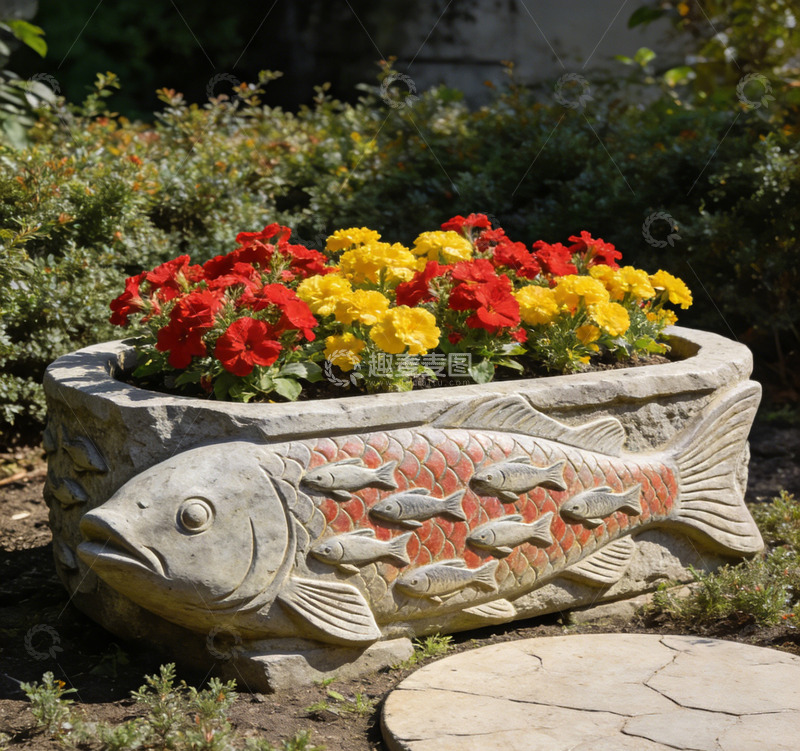 高清大图下载【趣麦麦图】鱼形花盆红花黄花盛开