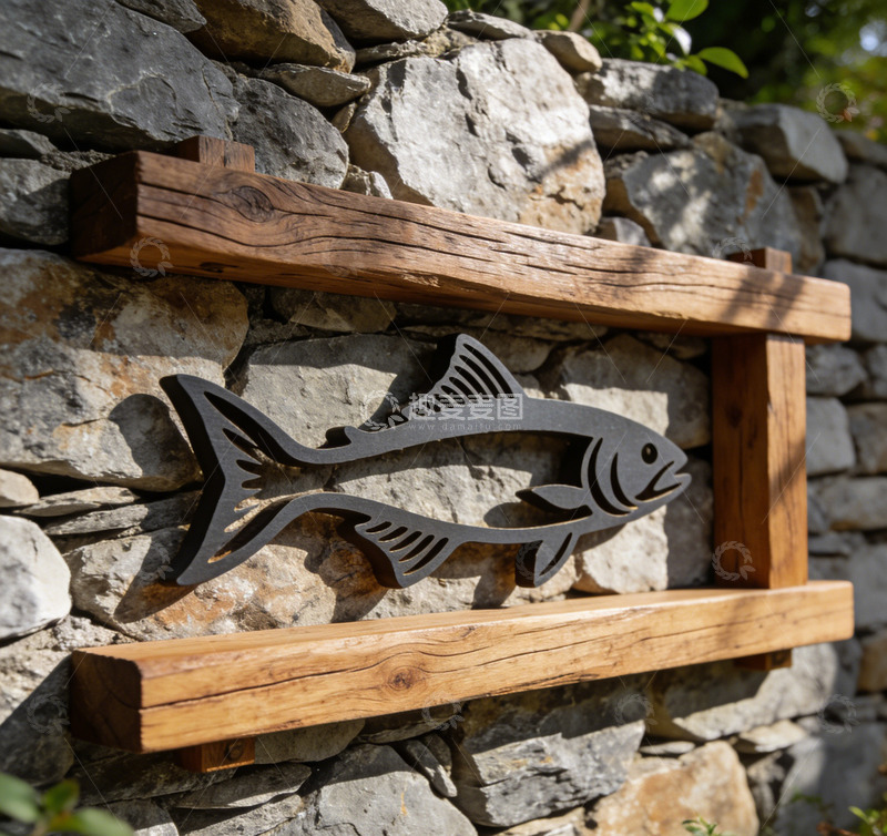 高清大图下载【趣麦麦图】木质架子铁制鱼装饰
